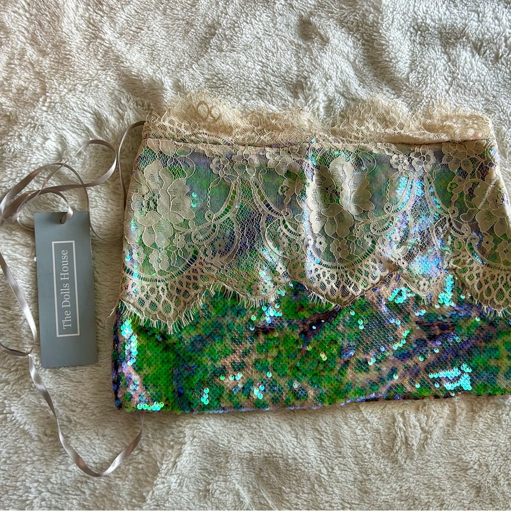 Iridescent Sequin Mini Skirt with Cream Lace Trim